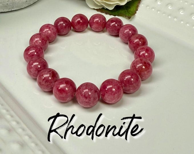 Pink & Red Rhodonite Bracelet, Rhodonite 12mm Round Beads Bracelet, Gemmy Rhodonite Bracelet, Calming - Heart Chakra