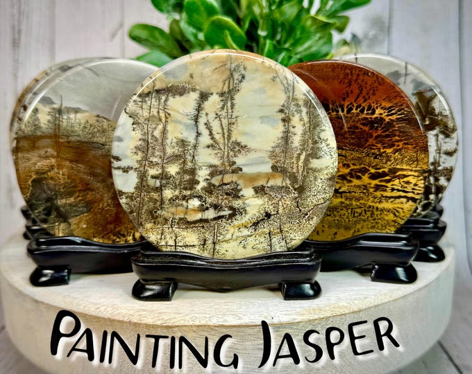 Painting Jasper on Wooden Stand, Picture Jasper, Beautiful Landscape Scenery in Each Piece, Custom Wooden Stand - Round (Set#3)