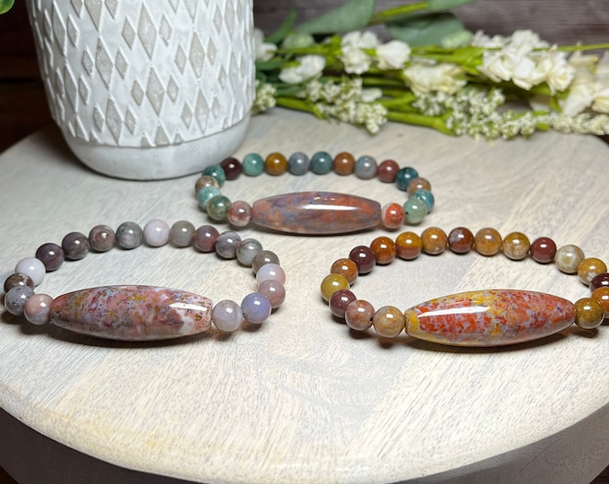 Colorful Ocean Jasper with Moss Agate Bracelet, Ocean Jasper Crystal, Moss Agate Crystal, Large Barrel Bead, Stretchy Bracelet