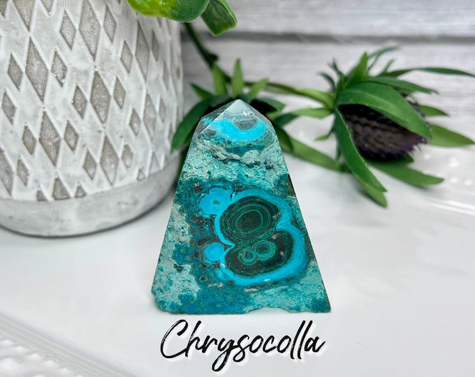 Chrysocolla with Malachite Tower, Chrysocolla Triangle Tower, Blue Green Crystal