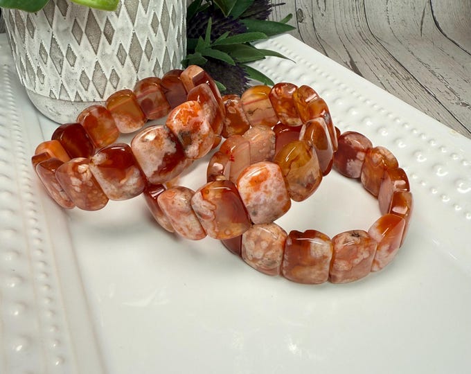 Carnelian Flower Agate Soft Bangle Bracelet, Carnelian Flower Agate Bracelet, Stretchy Soft Bangle Bracelet