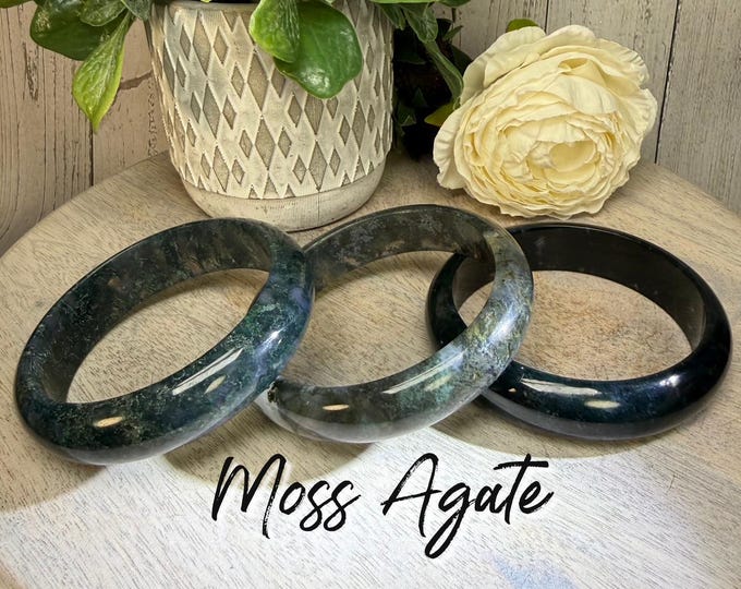 Moss Agate Crystal Bangle Bracelet, Green Moss Agate, 62mm or 63mm (LLMAB2)