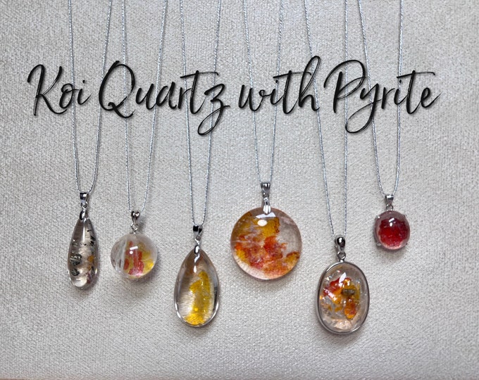 Rare Koi Fish Quartz Pendant, Koi Quartz, Hematoid Golden Healer, Pyrite Inclusions, Rainbow Inclusions, 925 Silver