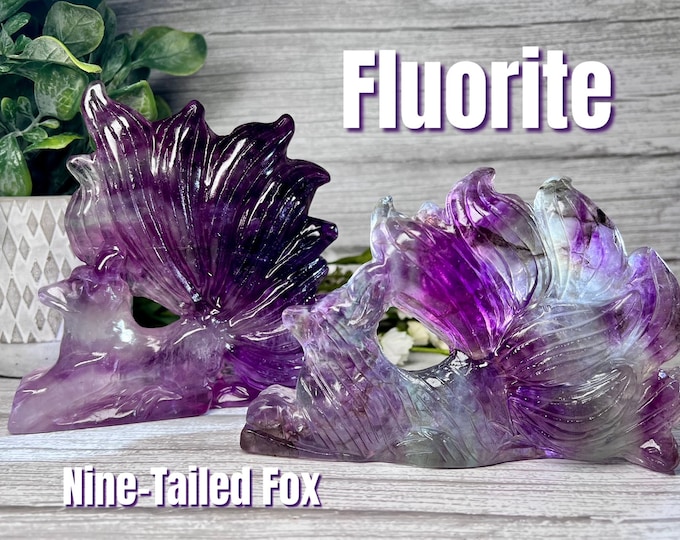 Rainbow Fluorite Nine-Tailed Fox Carving, Crystal Nine-Tailed Fox Carving, Fluorite Carving
