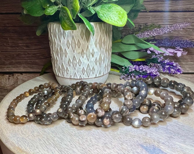 Black Moonstone, Black Gold Moonstone, Black Skeletal Moonstone 6-7mm 7-8mm 8-9mm 9-10mm 10-11mm - Black & Gold Flash