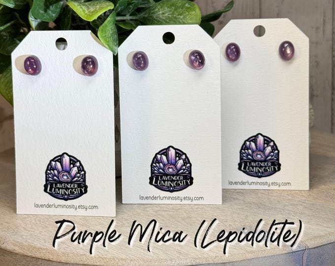 Purple Mica Stud Earrings, Purple Mica Earrings, Gem Lepidolite, 925 Silver