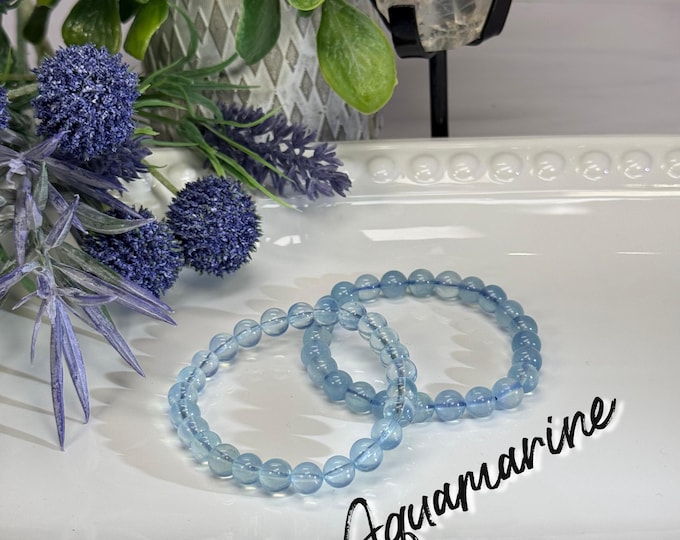 Aquamarine Bracelet, 7-8mm Round Beads, Blue Crystal Bracelet, Protective & Calming