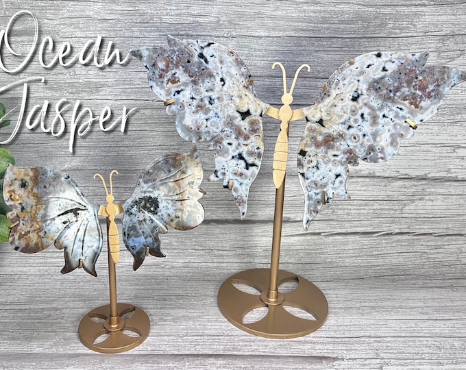 Ocean Jasper Butterfly Wings, Old Mine Ocean Jasper Crystal Butterfly Wings with Custom Metal Stand - 2 Options!