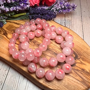 Ice Rhodonite Bracelet, Rose Rhodonite, Sakura, Cherry Rain, Round Bead ...