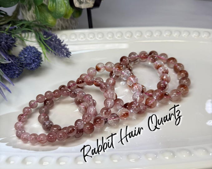 Pink Rutilated Rabbit Hair Quartz Bracelet, 8-9mm or 10-11mm or 11-12mm Round Beads, Stone of Emotional Renewal