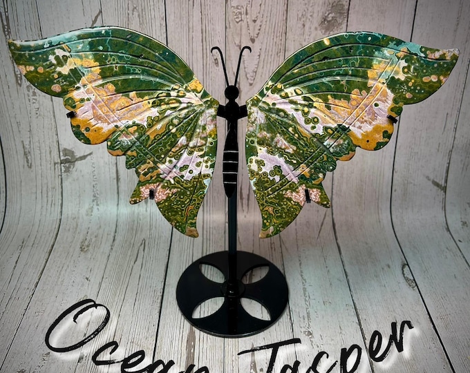 Beautiful Old Mine Ocean Jasper Butterfly Wings, Ocean Jasper Crystal Butterfly Wings with Custom Metal Stand