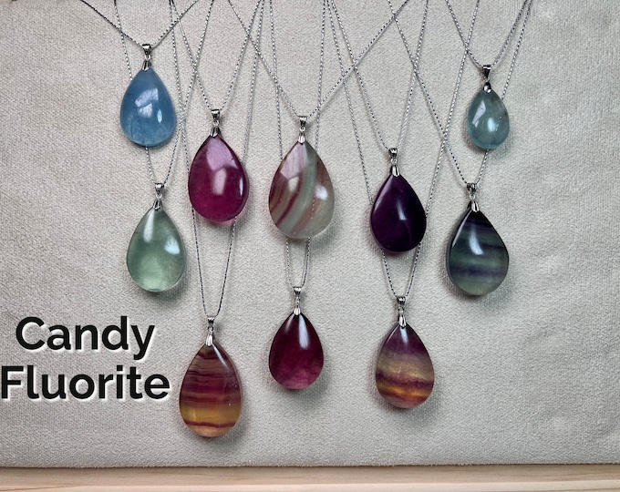 Candy Fluorite Pendant, Colorful Fluorite Pendant, Fluorite Crystal Teardrop Pendant, 925 Silver Clasp