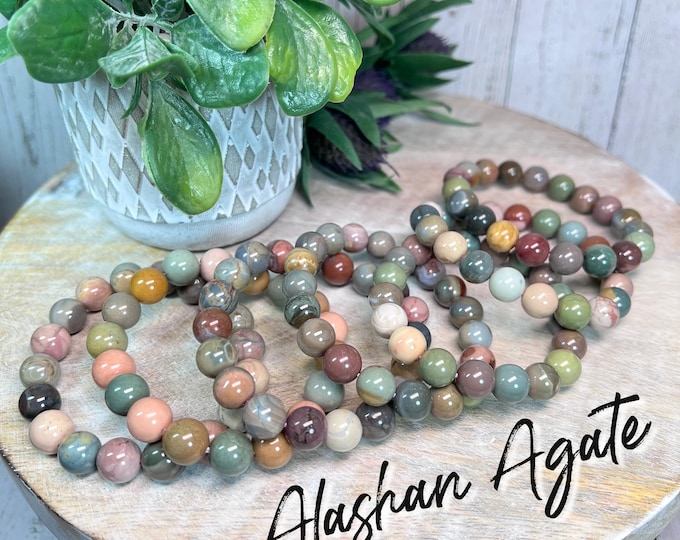 Colorful Alashan Agate Bracelet, Alxa Agate Crystal Bracelet, 10-11mm or 11-12mm Round Beads, Grounding and Calming, Positive Energy