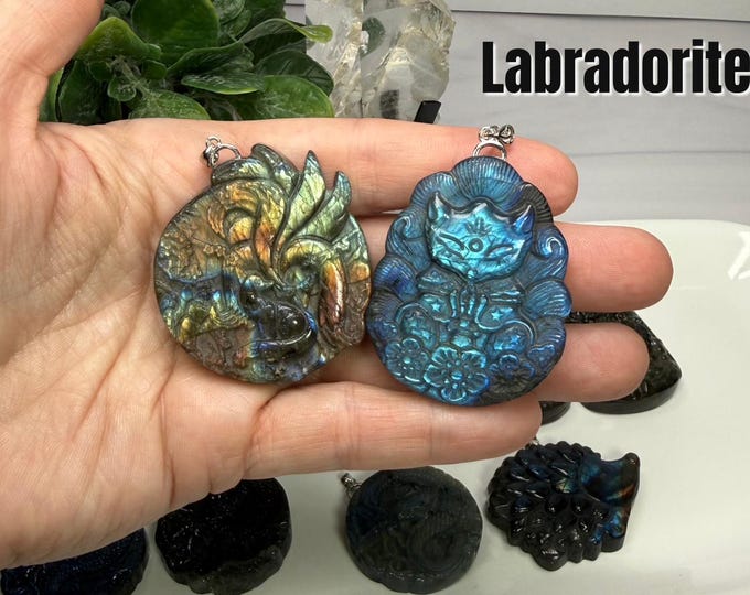 Labradorite Carving Pendant, Unique Labradorite Crystal Jewelry, s925 Silver Clasp