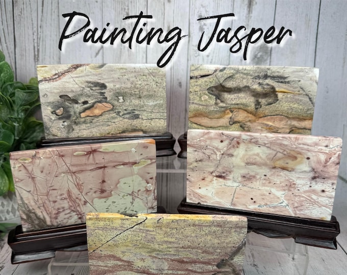Painting Jasper on Wooden Stand, Picture Jasper, Beautiful Landscape Scenery in Each Piece, Custom Wooden Stand - Rectangle