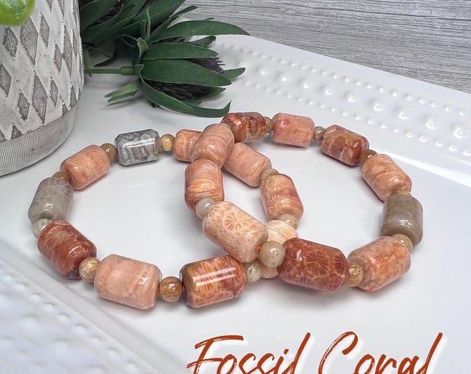 Fossilized Coral Barrel Bead Bracelets, Coral Fossil, Agatized Coral, Agatized Coral, Barrel Shape Beads (2)