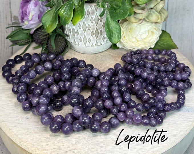Purple Lepidolite Bracelet, Lepidolite Crystal Bracelet, 8-9mm or 10-11mm Round Beads