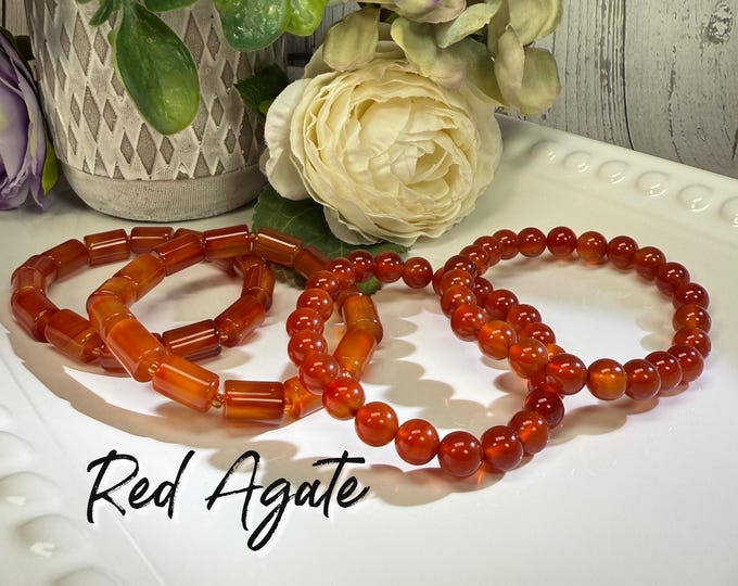 Red Agate Bracelet, Transparent Red Agate Crystal Bracelet, 8mm Round OR Cylinder Beads, "Warrior's Stone"