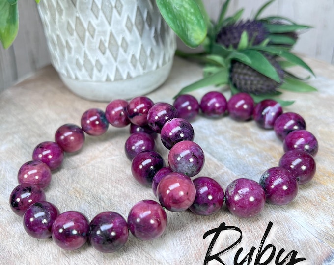 Natural Ruby Bracelet, Ruby in Matrix, Large Ruby Bracelet, 14mm or 15mm Round Beads, UV Reactive Crystal