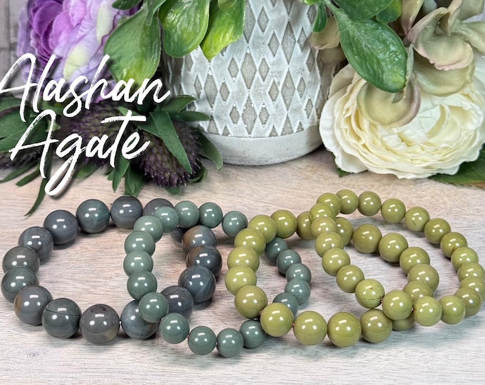 Blue & Green Alashan Agate Bracelet, Alxa Agate, 8-12mm Round Beads, Calming and Grounding, Positive Energy