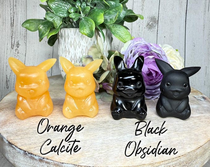 Orange Calcite or Black Obsidian Pikachu Carving, Orange Calcite Pikachu Carving, Black Obsidian Pikachu Carving, Pokémon Carving