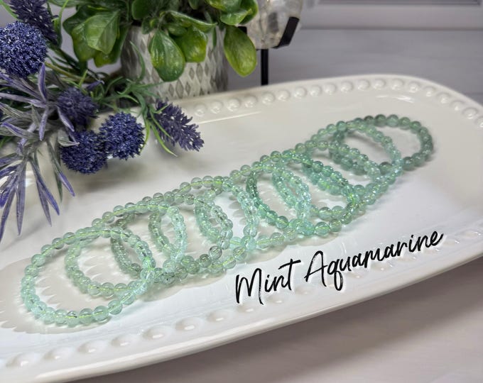 Mint Aquamarine Crystal Bracelet, 6-7mm or 7-8mm or 8-9mm Round Beads, Protective & Calming