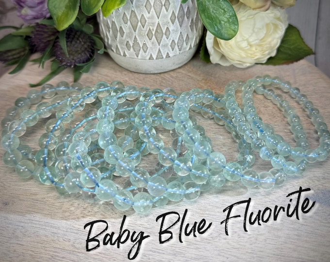 Baby Blue Fluorite Bracelet, Light Blue Fluorite, Blue Crystal Bracelet, 7-8mm or 8-9mm or 9-10mm Round Beads