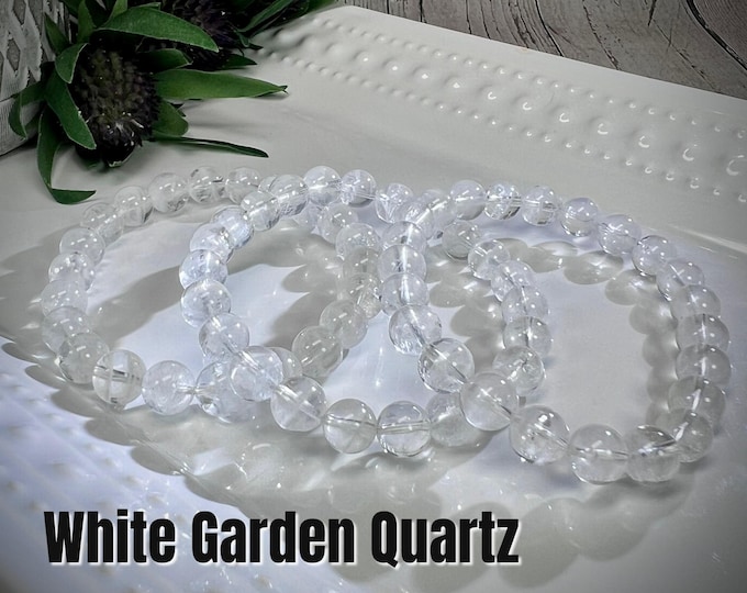 White Garden Quartz Bracelet, Inclusion Quartz, Lodolite, 8-9mm Round Beads