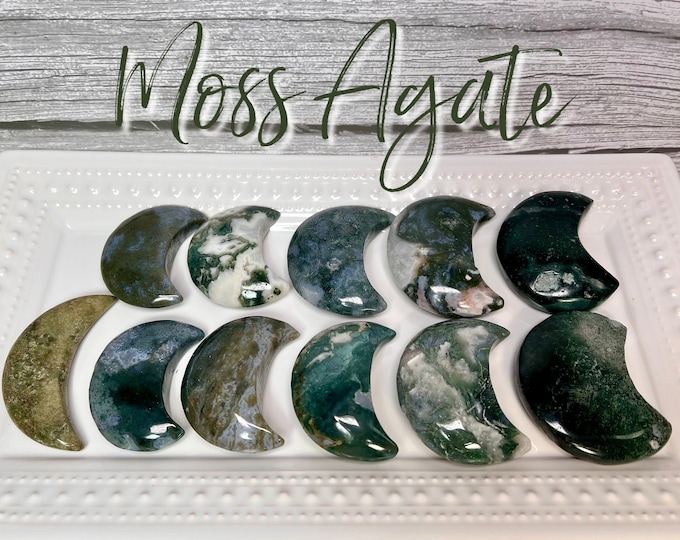 Moss Agate Moon, Moss Agate Crescent Moon, Moss Agate Carving, Moss Agate Crystal, Stone of New Beginnings