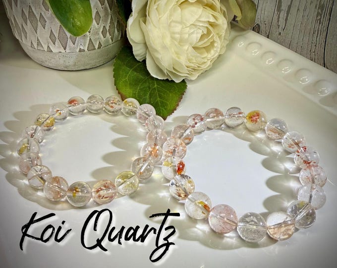 Beautiful Koi Quartz Bracelet, Koi Fish Quartz Bracelet, Hematoid Golden Healer, Rainbow Inclusions, 10mm or 11mm Round Beads
