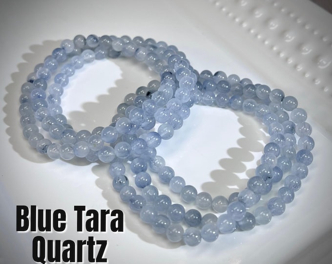 Blue Tara Quartz Wrap Bracelet, Nightshade Quartz, Quartz with Blue Fibrous Inclusions, 5-6mm Round Beads, Can Wrap 3 Times, 22" Long