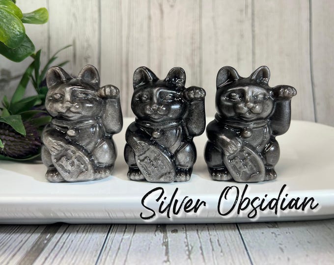 Silver Obsidian Lucky Money Cat Carving, Silver Obsidian Crystal Lucky Cat, Waving Lucky Money Cat, Good Luck & Fortune