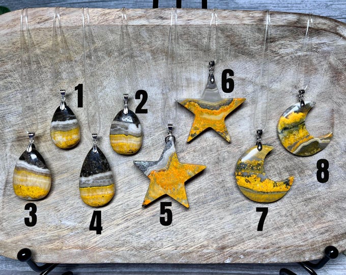 Yellow and Black Jasper Pendant, Yellow and Black Jasper Star or Moon, Yellow and Black Jasper Teardrop, 925 Silver Clasp