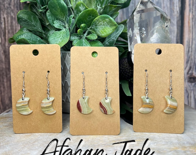 Afghan Jade Moon Earrings, Drop Earrings, Dangle Earrings, Afghan Jade Earrings, 925 Silver Earring Setting