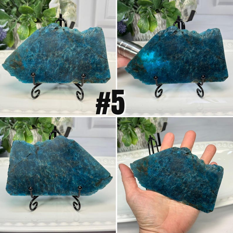 May include: A flat, irregularly shaped piece of blue apatite mineral with dark inclusions, displayed on a black metal stand. The stone features a rough, textured surface and is labeled with the number 5 in black text.