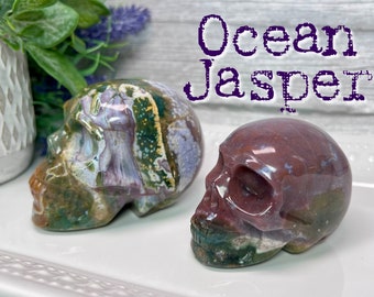 Colorful Ocean Jasper Skull Carving, Crystal Skull Carving, Ocean Jasper Carving, Purple Ocean Jasper