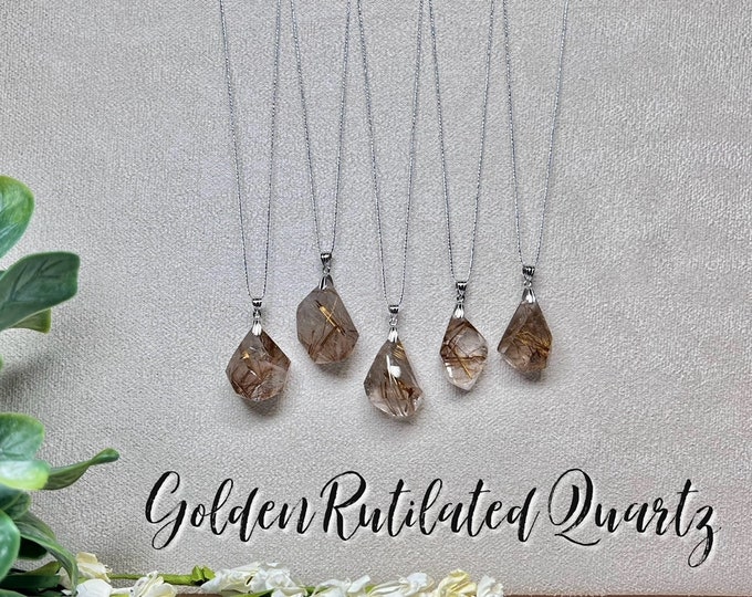 Golden Rutile Quartz Freeform Pendant, Titanium Rutilated Quartz Crystal, Golden Rutilated Quartz, 925 Silver Clasp