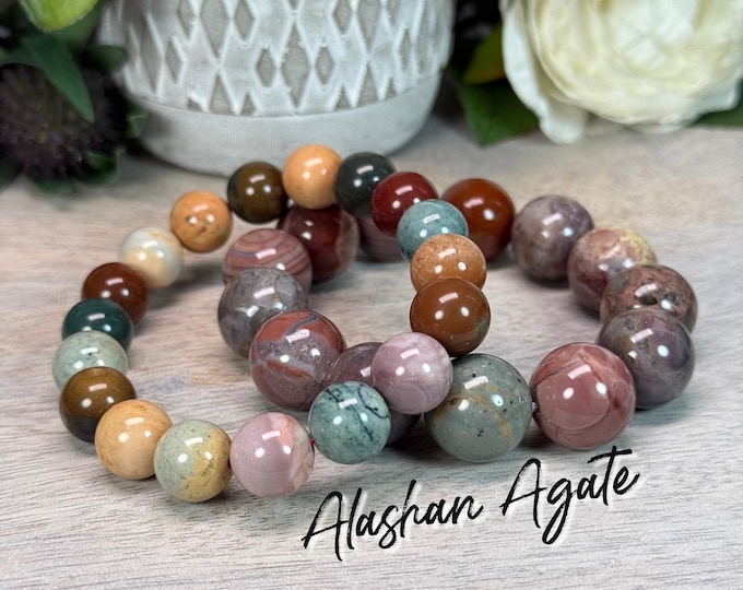 Colorful Alashan Agate Bracelet, Alxa Agate, 11.5mm or 15.5mm Round Beads, Calming and Grounding, Positive Energy