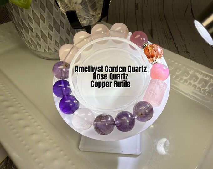 Rose Quartz with Copper Rutile and Amethyst Garden Quartz DIY Bracelet, White Copper Accent Beads, Star Rose Quartz (LLB16)