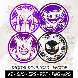 Könnte beinhalten: Vier violette und schwarze kreisförmige Symbole mit verschiedenen Pokémon-Charakteren. Die Charaktere sind Gengar, Haunter, Gastly und ein Geist-Pokémon mit einem wirbelnden Design.