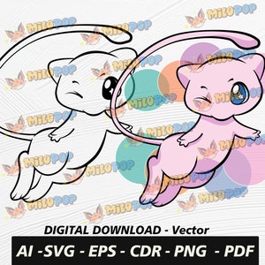 May include: A digital illustration of two cartoon Pokémon, one pink and one white, with black outlines. The pink Pokémon is in mid-air with its tail curled around its body. The white Pokémon is lying on its side with its tail curled around its body. Both Pokémon have large, expressive eyes.