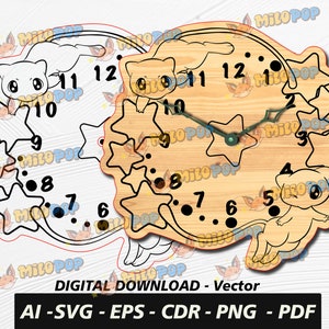 May include: A wooden clock with a light brown wood grain finish. The clock face is surrounded by a white outline and features a cartoon cat with stars. The clock face has black numbers and hands. The clock is a digital download and includes AI, SVG, EPS, CDR, PNG, and PDF files.