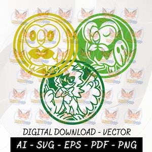 May include: Three circular vector graphics featuring cartoon-style characters in yellow and green. The text "DIGITAL DOWNLOAD - VECTOR" and file type abbreviations are displayed below the graphics.