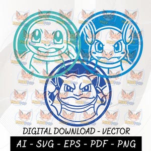 Puede incluir: Tres gráficos vectoriales circulares con personajes de dibujos animados en tonos azules y turquesas. El gráfico superior muestra una criatura parecida a una tortuga, el del medio una criatura parecida a un murciélago y el inferior una criatura parecida a una tortuga. El texto en la parte inferior dice "DESCARGA DIGITAL - VECTOR".