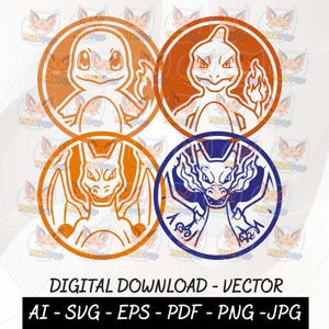 Puede incluir: Un conjunto gráfico digital con cuatro iconos circulares que muestran dibujos lineales estilizados de criaturas que escupen fuego. Tres iconos son naranjas y uno es azul oscuro. El texto dice DIGITAL DOWNLOAD - VECTOR AI - SVG - EPS - PDF - PNG - JPG.