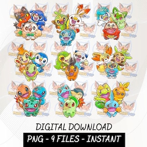 Puede incluir: Una colección digital de ilustraciones coloridas de criaturas de dibujos animados que muestran varios animales pequeños con características distintivas como hojas, llamas y elementos de agua. La imagen incluye el texto DIGITAL DOWNLOAD PNG - 9 FILES - INSTANT.