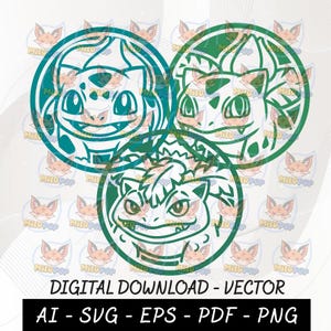 May include: Three teal circular designs featuring stylized cartoon characters. The top text reads "DIGITAL DOWNLOAD - VECTOR". The bottom text reads "AI - SVG - EPS - PDF - PNG".