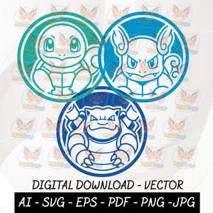 May include: A digital graphic set featuring three circular icons with line art illustrations of creatures in teal, light blue, and dark blue. The text reads DIGITAL DOWNLOAD - VECTOR AI - SVG - EPS - PDF - PNG - JPG.