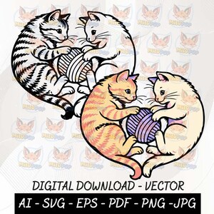 Può includere: Grafica vettoriale digitale con quattro gatti che giocano con gomitoli di lana. I gatti sono in vari colori, tra cui bianco e nero, arancione e crema. Include il testo "DOWNLOAD DIGITALE - VETTORE" e opzioni di tipo di file.