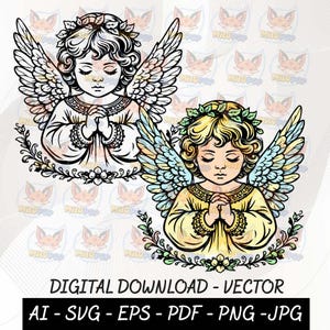 Puede incluir: Descarga digital de arte vectorial con dos ángeles querubines con los ojos cerrados, las manos juntas en oración y alas detalladas. Uno es en blanco y negro, el otro es amarillo y azul. El texto "DIGITAL DOWNLOAD - VECTOR" está en la parte inferior.